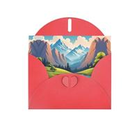 Biglietto di auguri rosso con buste, con stampa di montagne verdi e acque limpide per compleanni, matrimoni, incoraggiamenti, occasioni benedette