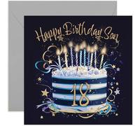 Biglietto di auguri speciale per il 18° compleanno per figlio, biglietto di auguri di compleanno per diciotto anni, blu navy e oro con torta di compleanno da uomo, design elegante e tradizionale