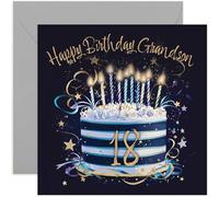 Biglietto di auguri speciale per il 18° compleanno per nipote, biglietto di auguri di compleanno per diciotto anni, blu navy e oro con torta di compleanno da uomo, design elegante e tradizionale