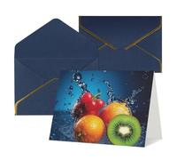Biglietto di auguri stampato con gocce d'acqua intorno alla frutta su sfondo blu, biglietto di ringraziamento, biglietti con buste, da utilizzare per Natale, compleanno, San Valentino, feste, inviti