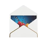 Biglietto di auguri stampato con gocce d'acqua intorno alla frutta su sfondo blu, biglietto di ringraziamento, biglietti con buste, da utilizzare per Natale, compleanno, San Valentino, feste, inviti