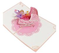 Biglietto di auguri stereoscopico 3D pop-up per battesimo, con carrozzina, rosa