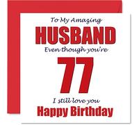 Biglietto di auguri umoristico divertente per il 77° compleanno del marito, con scritta in inglese "77 I Still Love You" (lingua italiana non garantita)