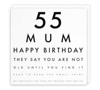 Biglietto di auguri umoristico per 55° compleanno, con scritta in lingua inglese “Mum 55 Mum - Happy Birthday - They Say You Are Not Old Until You Find It Hard To Read The Small Print”