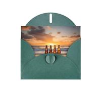 Biglietto di auguri verde scuro con foto di bottiglie YYHWHJDE Birra, spiaggia, tramonto, 15,2 x 10,2 cm, con effetto perlato su entrambi i lati e inchiostro ecologico
