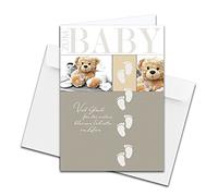 Biglietto di auguri XXL per la nascita, DIN A4, grande biglietto per bambini, 1 pezzo, set con grande busta DIN C4, orsetto con impronte dei piedi, unisex, per ragazzi e ragazze