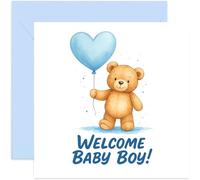 Biglietto di benvenuto per bambino con simpatico palloncino blu a forma di orsetto, quadrato, interno bianco con busta di alta qualità