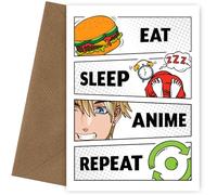 Biglietto di compleanno anime per adolescenti, ragazzi e ragazze, con scritta "Eat Sleep Repeat", biglietto di auguri anime giapponesi, per figlio, figlia, fratello, sorella 12°, 13° e 16°