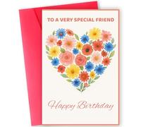 Biglietto di compleanno con cuore floreale per amici, design floreale ad acquerello, interno vuoto per messaggi personali, 18 x 12 cm, con busta premium (amico)