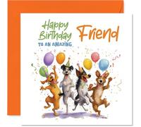 Biglietto di compleanno divertente per amici, con cagnolini vivaci e palloncini colorati in una celebrazione piena di coriandoli, 145 mm, quadrato, busta inclusa