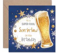Biglietto di compleanno divertente per genero - Alzare un bicchiere per compleanno risate - bicchiere di birra e stelle su blu navy con glitter oro - quadrato 145 mm, busta inclusa