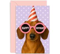 Biglietto di compleanno giocoso per gli amanti dei cani, con scritta "Happy Birthday!", simpatico design a bassotto, per bambini, adulti, uomini, donne, ragazzi, ragazze, interno bianco con busta