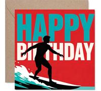 Biglietto di compleanno giocoso - Ride the Wave into Another Year - Silhouette di surfista su sfondo rosso audace - per chi ama un po 'di avventura - 145 mm quadrato, busta inclusa