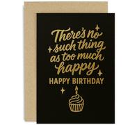Biglietto di compleanno gioioso per chiunque, con scritta in lingua inglese "There's No such Thing as Too Much Happy", design scritto a mano, per amici, colleghi e familiari, interno bianco con busta
