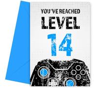 Biglietto di compleanno per 14° compleanno per ragazzo, nero e blu ha raggiunto il livello 14 Biglietto di compleanno per figlio, pronipote, nipote o fratello. Biglietto di buon compleanno da gioco