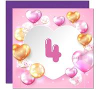 Biglietto di compleanno per 4° compleanno per donne ragazze palloncini rosa numeri biglietto di compleanno per 4 anni ragazza bambini figlia quattro, quarta nipote nipote cugina sorella