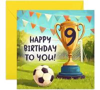 Biglietto di compleanno per 9° compleanno per ragazzo o ragazza, biglietto di compleanno per bambini di 9 anni, vincitori dei campioni, coppa trofeo, squadra di calcio, biglietti di compleanno per