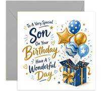 Biglietto di compleanno per figlio speciale, design con palloncini dorati e blu, testo elegante e bordo, interno bianco con busta