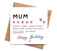 Biglietto di compleanno per la mamma con busta, messaggio a cinque stelle "Loving Funny Always There", moderno e divertente biglietto di auguri per mamma da figlia o figlio per festeggiare il suo