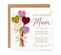 Biglietto di compleanno per mamma con busta, bouquet di cuori multicolore all'uncinetto e design floreale, quadrato, 14 cm, affettuoso saluto per lei da figlia o figlio, ricordo premuroso per il