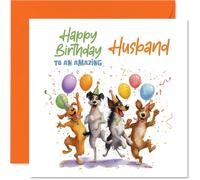 Biglietto di compleanno per marito, quattro cani allegri con palloncini e coriandoli, scena arancione brillante, per far sorridere un compleanno, quadrato da 145 mm, busta inclusa