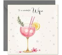 Biglietto di compleanno per moglie con scritta in lingua inglese "Beautiful Wife" (lingua italiana non garantita), design con gin rosa, per donne adulte, biglietti di compleanno per moglie