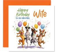 Biglietto di compleanno per moglie, con scritta in lingua inglese "Bursting with Birthday Cheer", con quattro adorabili cani che festeggiano con palloncini e coriandoli, 145 mm, quadrato, busta