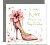 Biglietto di compleanno per nipote con scritta "Beautiful Niece" per lei, rosa e oro, motivo floreale con tacchi, bellissimo biglietto di compleanno per nipote