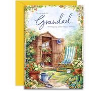 Biglietto di compleanno per nonno, tema giardinaggio tradizionale e capannone, formato A5, con busta gialla, prodotto nel Regno Unito
