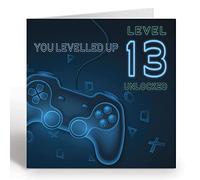 Biglietto di compleanno per ragazzini di 13 anni, con controller sbloccato, livello 13, con busta blu, ecologico Giggle Greetings®