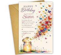 Biglietto di compleanno per sorella: bellissimo design a farfalla con dedica sentimentale, 20,3 x 13,5 cm, con busta e adesivo, regalo di compleanno per lei