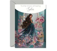 Biglietto di compleanno per sorelle, glamour e alla moda, biglietto di auguri per sorella da fratello e fratello, 12,7 x 17,8 cm con abito scintillante