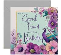 Biglietto di compleanno per un amico speciale, bellissimo pavone e design floreale, biglietto quadrato, interno bianco con busta