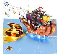 Biglietto di compleanno pop-up, musica 3D con luci (nave pirata e scrigno del tesoro)