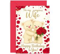 Biglietto di compleanno speciale per moglie da marito, adorabile orsacchiotto con rose rosse, design tradizionale romantico, per lei, interno bianco con busta di alta qualità