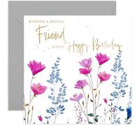 Biglietto di compleanno speciale per un'amica femminile, con fiore di papavero viola iris con lamina d'oro, biglietto di compleanno femminile per famiglia, interno bianco con busta