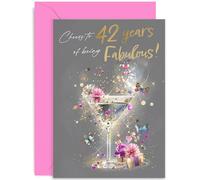 Biglietto di compleanno umoristico per amici, con scritta in lingua inglese "Cheers to 42 Years of Being Fabulous!", regalo festivo, per sorella, collega, mamma, figlia, bestie, interno bianco con