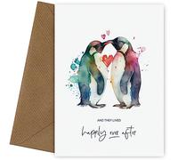 Biglietto di congratulazioni per il giorno del matrimonio per la sposa e lo sposo - Happily Ever After - pinguini acquerellati