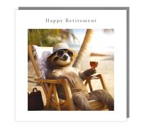 Biglietto di congratulazioni per la pensione, con scritta "Happy Retirement", bradipo in vacanza, design divertente, prodotto nel Regno Unito, ecologico