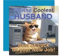 Biglietto di lavoro di supporto per marito, gatto sfacciato con occhiali da sole, design audace blu e arancione, un divertente impulso per il suo grande primo giorno, quadrato da 145 mm, busta inclusa