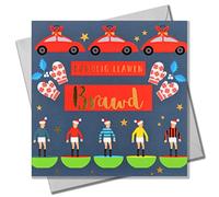 Biglietto di Natale gallese, Brawd, Brother Subuteo & Cars, testo sventato in oro lucido