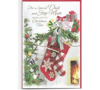 Biglietto di Natale per papà e matrigna, 23 x 15 cm, per un papà speciale e una matrigna con amore a Natale, calze di Natale, design tradizionale