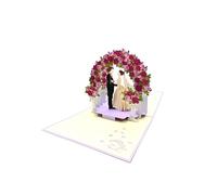 Biglietto di nozze pop-up 3D con fiocco di rosa e figure di coppia di sposi
