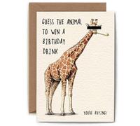 Biglietto divertente con giraffa Guess the Animal to Win a Birthday Drink - Progettato e stampato nel Regno Unito