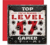 Biglietto divertente per 17° compleanno, Level Up Laughs | Design grunge gamer con fori di proiettile e icone del trofeo, stile celebrativo per giocatori adolescenti