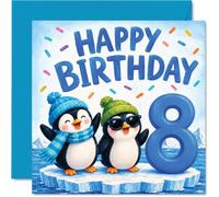 Biglietto divertente per 8° compleanno, risate fredde e divertimento di | Pinguini su un iceberg con grande numero 8, perfettamente cool per il loro giorno speciale, quadrato 145 mm, busta inclusa