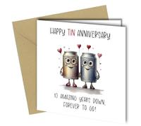 Biglietto divertente per decimo anniversario, design unico, con scritta "Happy Tin Anniversary" 10 years down, forever to go #1734