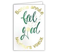 Biglietto Feel Good Felice Anno Nuovo, in oro dorato lucido, scintillante con busta bianca, formato 12 x 17,5 cm, semi di dente di leone, vento festa di Capodanno, made in France