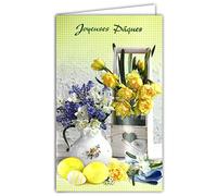 Biglietto felice Pasqua Mazzi Fiori Primavera Narciso Narciso Muscaris Uova Dipinte Cuore Fornito con Busta Formato 12 x 19,5 cm Carta ecologica FSC Gestione sostenibile Foreste Made in Europe 12-688