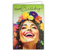 Biglietto FLUO Happy Birthday con busta, 12 x 17,5 cm, per giovani e donne, corona di fiori in stile Champê bohemien, motivo rosa labbrato, con veri inchiostri FLUO, creato e fabbricato in Francia